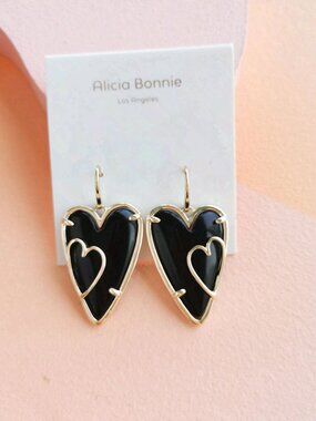 Alicia Bonnie Iris Gold Black Heart Drop Earrings
